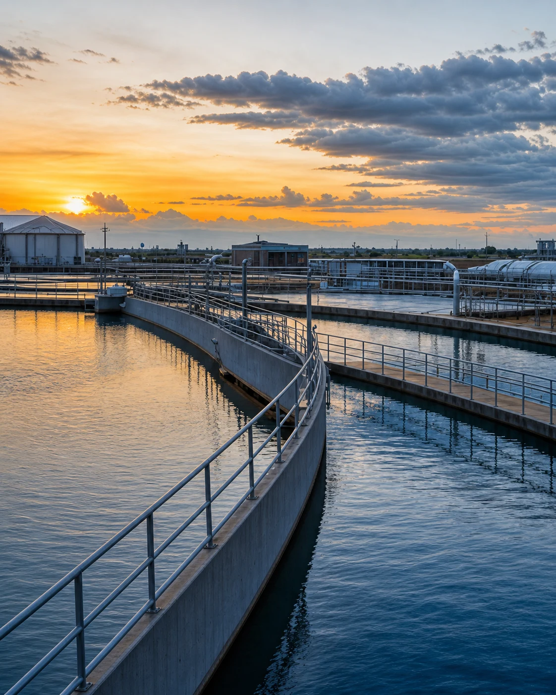 Municipal water treatment facility at sunset